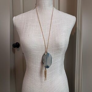 Bourbon and Bowties Large Blue Agate with Gold Fringe Pendant Necklace